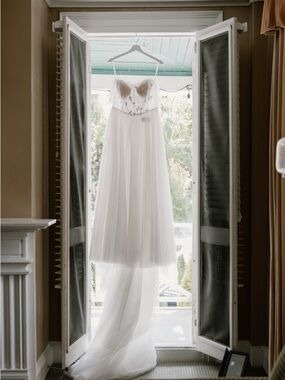 Sheer Floral Appliqué White Wedding Dress by